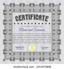 Grey Diploma or certificate template. With complex linear background. Elegant design. Vector illustration. 