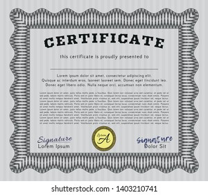 Grey Diploma or certificate template. With complex linear background. Vector illustration. Retro design. 