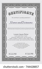 Grey Diploma or certificate template. With complex background. Money Pattern. Detailed. 