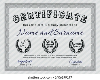 Grey Diploma or certificate template. Detailed. With background. Modern design. 