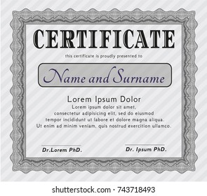 Grey Diploma or certificate template. Detailed. With complex background. Lovely design. 