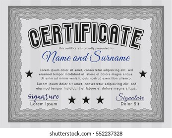 Grey Diploma or certificate template. Elegant design. With guilloche pattern. Vector illustration. 