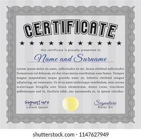 Grey Diploma or certificate template. Vector illustration. With complex linear background. Money Pattern design. 