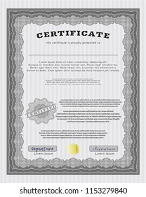 Grey Diploma or certificate template. Vector illustration. With guilloche pattern. Sophisticated design. 