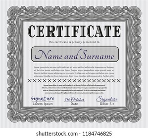 Grey Diploma or certificate template. Vector illustration. With linear background. Money design. 