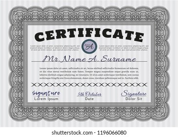 Grey Diploma or certificate template. Vector illustration. With guilloche pattern. Modern design. 