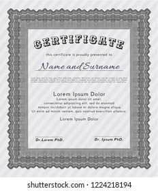 Grey Diploma or certificate template. Vector illustration. With guilloche pattern. Cordial design. 