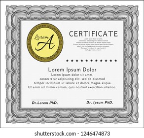 Grey Diploma or certificate template. Vector illustration. With guilloche pattern and background. Retro design. 