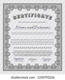 Grey Diploma or certificate template. Vector illustration. With background. Money style design. 