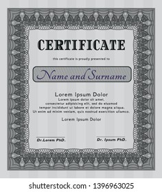 Grey Diploma or certificate template. Vector illustration. With great quality guilloche pattern. Excellent design. 