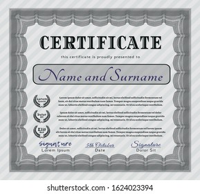 Grey Diploma or certificate template. Vector illustration. With complex linear background. Perfect design. 