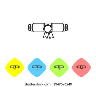 Grey Diploma rolled scroll with stamp and ribbon line icon isolated on white background. Paper scroll with wax seal. Business certificate. Set icon in color rhombus buttons. Vector Illustration