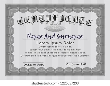 Grey Diploma template or certificate template. With background. Vector illustration. Money Pattern. 