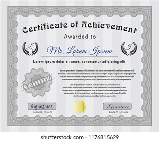 Grey Diploma template or certificate template. With complex linear background. Money Pattern. Vector illustration. 