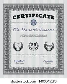 Grey Diploma template or certificate template. Complex background. Beauty design. Detailed. 