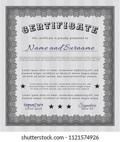 Grey Diploma template or certificate template. Cordial design. Detailed. With guilloche pattern. 
