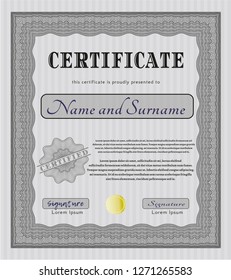 Grey Diploma template or certificate template. Easy to print. Sophisticated design. Vector illustration. 