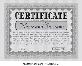 Grey Diploma template or certificate template. With guilloche pattern and background. Vector illustration. Sophisticated design. 
