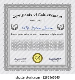 Grey Diploma template or certificate template. Retro design. Detailed. With complex linear background. 