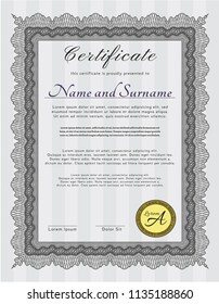 Grey Diploma template or certificate template. Vector illustration. With linear background. Elegant design. 