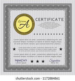 Grey Diploma template or certificate template. Vector illustration. With complex linear background. Beauty design. 