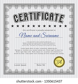 Grey Diploma template or certificate template. Vector illustration. With guilloche pattern and background. Retro design. 
