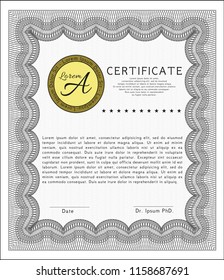 Grey Diploma template. With complex linear background. Vector illustration. Money Pattern design. 