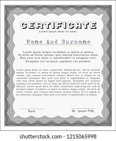 Grey Diploma template. With complex linear background. Cordial design. Vector illustration. 