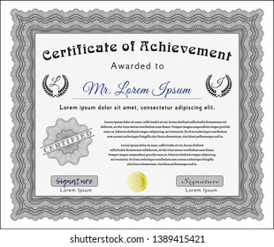 Grey Diploma template. With guilloche pattern and background. Cordial design. Vector illustration. 