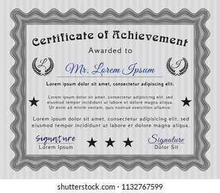 Grey Diploma template. With linear background. Vector illustration. Elegant design. 