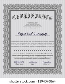 Grey Diploma template. With quality background. Detailed. Artistry design. 