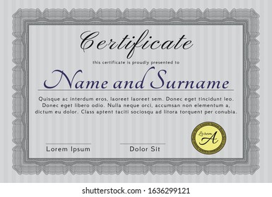 Grey Diploma template. Vector illustration. With guilloche pattern. Sophisticated design. 