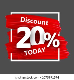 Grey discount 20% sale background with red watercolor brush strokes. Vector illustration.