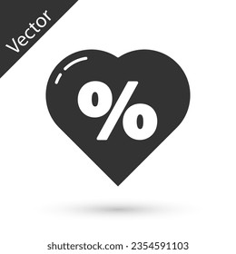 Grey Discount percent tag in heart icon isolated on white background. Shopping tag sign. Special offer sign. Discount coupons symbol.  Vector Illustration