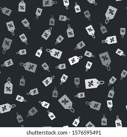 Grey Discount percent tag icon isolated seamless pattern on black background. Shopping tag sign. Special offer sign. Discount coupons symbol.  Vector Illustration