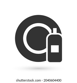 Grey Dishwashing liquid bottle and plate icon isolated on white background. Liquid detergent for washing dishes.  Vector
