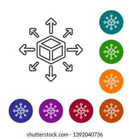Grey Distribution line icon on white background. Content distribution concept. Set icon in color circle buttons. Vector Illustration