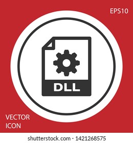 Grey DLL file document icon. Download dll button icon isolated on red background. DLL file symbol. White circle button. Vector Illustration