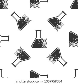 Grey DNA research, search icon isolated seamless pattern on white background. Genetic engineering, genetics testing, cloning, paternity testing. Vector Illustration