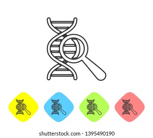 Grey DNA research, search line icon on white background. Magnifying glass and dna chain. Genetic engineering, cloning, paternity testing. Set icon in color rhombus buttons. Vector Illustration