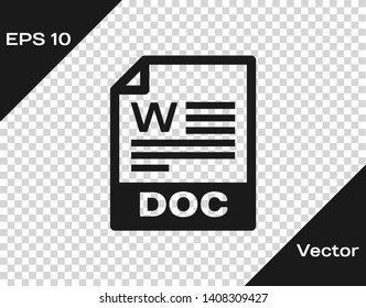 Grey DOC file document icon. Download doc button icon isolated on transparent background. DOC file extension symbol. Vector Illustration