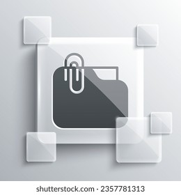 Grey Document folder with paper clip icon isolated on grey background. Accounting binder symbol. Bookkeeping management. Square glass panels. Vector