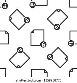 Grey Document and lock icon isolated seamless pattern on white background. File format and padlock. Security, safety, protection concept. Vector Illustration