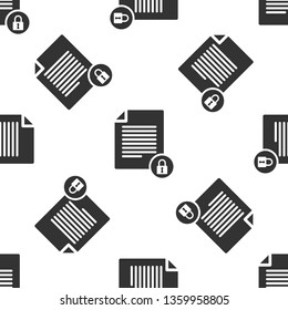 Grey Document and lock icon isolated seamless pattern on white background. File format and padlock. Security, safety, protection concept. Vector Illustration