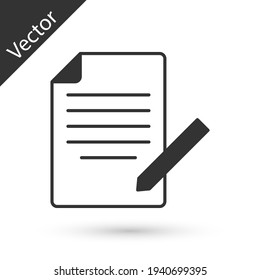 Grey Document and pen icon isolated on white background. File icon. Checklist icon. Business concept. Vector