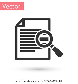 Grey Document with search icon isolated on white background. File and magnifying glass icon. Analytics research sign. Vector Illustration
