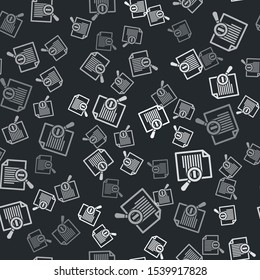 Grey Document with search icon isolated seamless pattern on black background. File and magnifying glass icon. Analytics research sign.  Vector Illustration