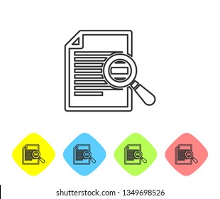 Grey Document with search line icon isolated on white background. File and magnifying glass icon. Analytics research sign. Set icon in color rhombus buttons. Vector Illustration