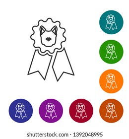 Grey Dog award symbol line icon isolated on white background. Medal with dog footprint as pets exhibition winner concept. Set icon in color circle buttons. Vector Illustration
