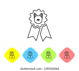 Grey Dog award symbol line icon isolated on white background. Medal with dog footprint as pets exhibition winner concept. Set icon in color rhombus buttons. Vector Illustration